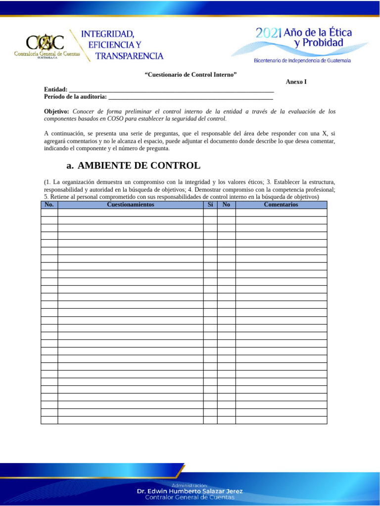Cuestionario de Control Interno COSO | PDF | Cuestionario | Auditoría