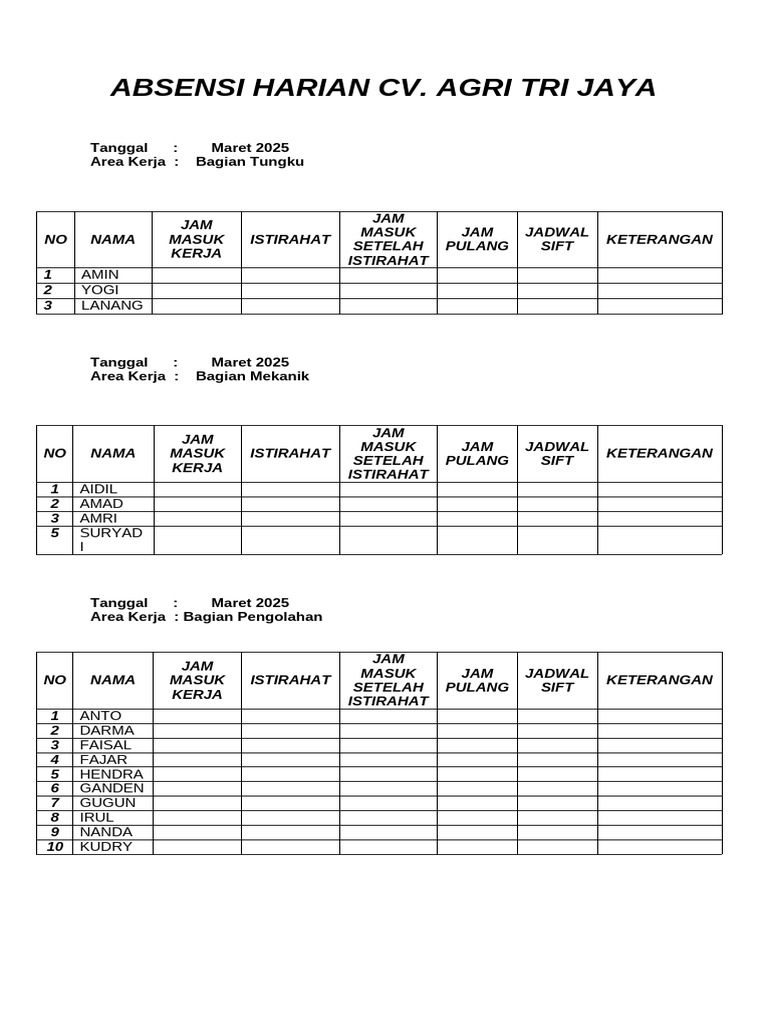 Absensi Harian CV. Agri Tri Jaya Maret 2025 | PDF