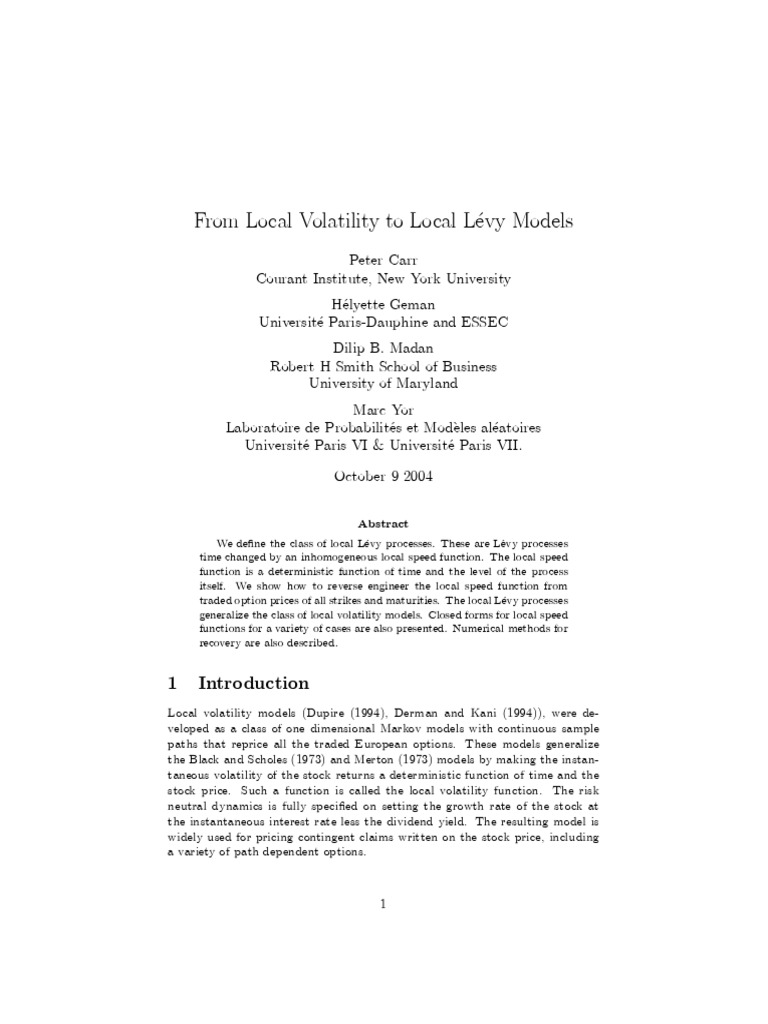 From Local Volatility To Local Lévy Models | PDF | Option (Finance ...