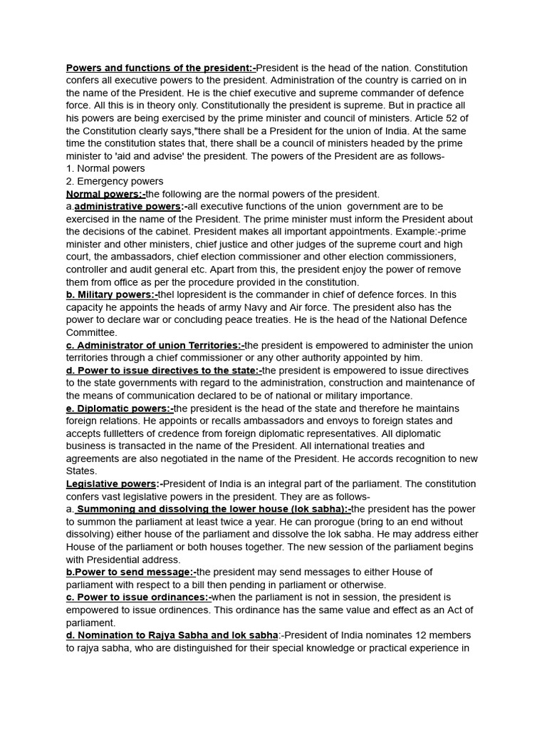 Powers of The President | PDF | Government Of India | Presidents Of The ...