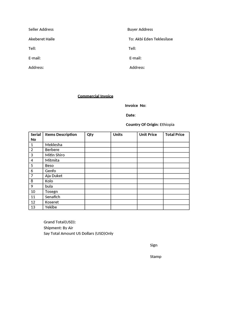 Ethiopian Food Commercial Invoice | PDF