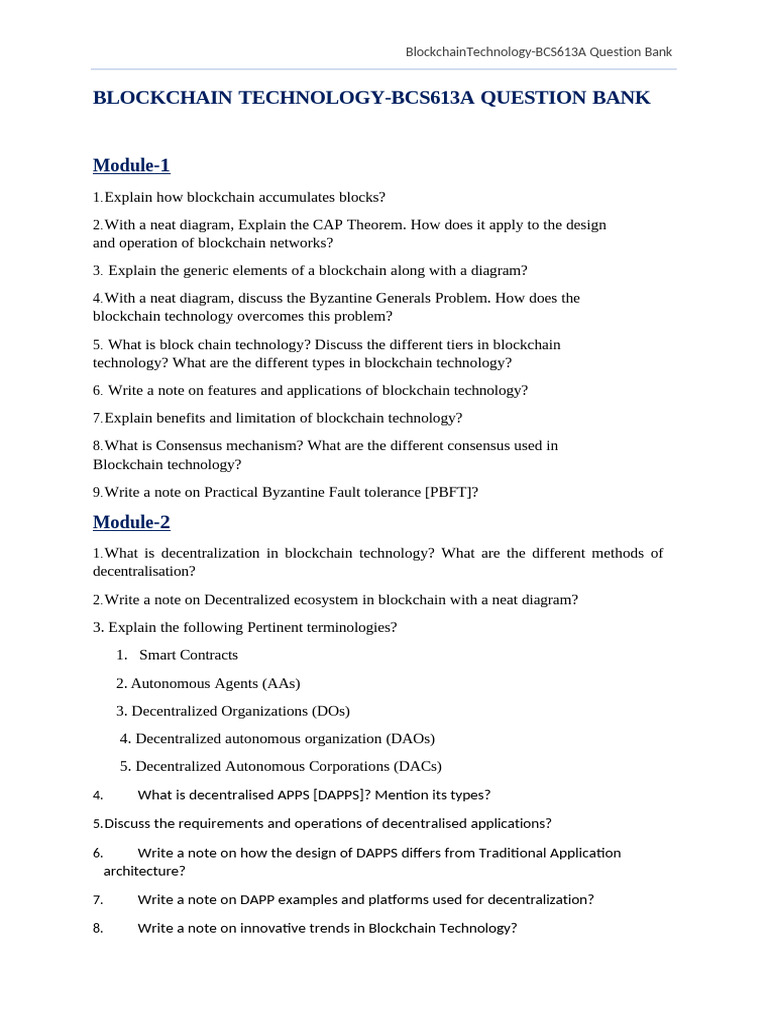 Blockchain Technology BCS613A Question Bank | PDF | Computer Science ...