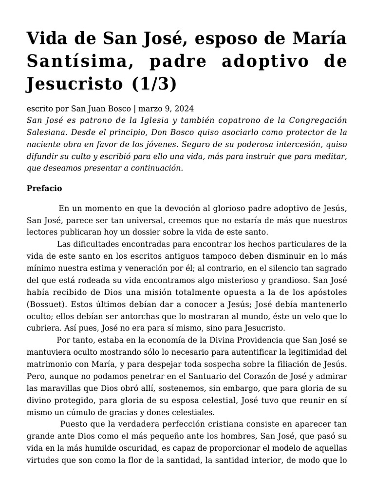 Vida de San José: Esposo de María y Padre Adoptivo | PDF | María, madre ...