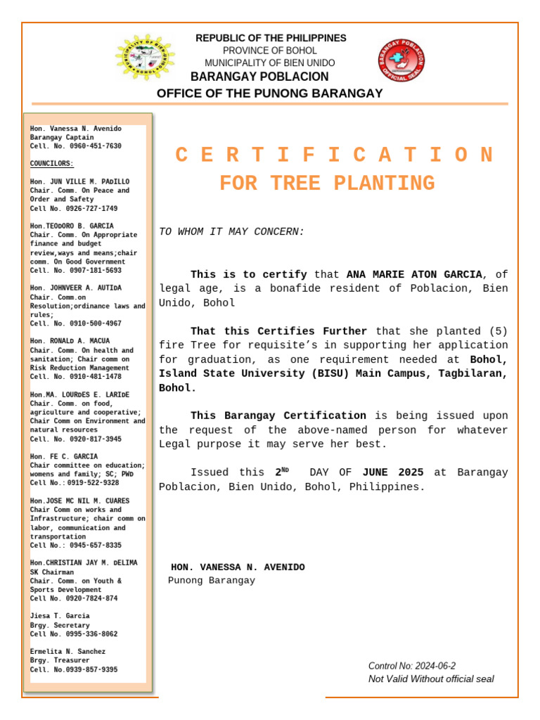 Barangay Certification for Tree Planting | PDF | Economies