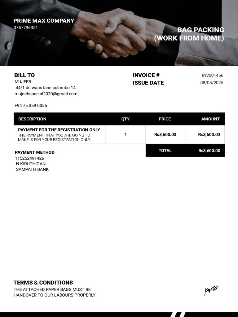 Invoice for Bag Packing Registration | PDF