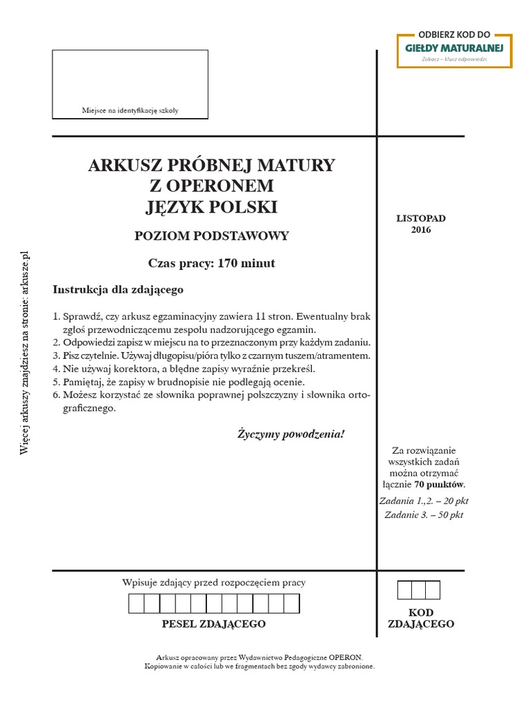 Jezyk Polski 2016 Operon Probna Podstawowa | PDF