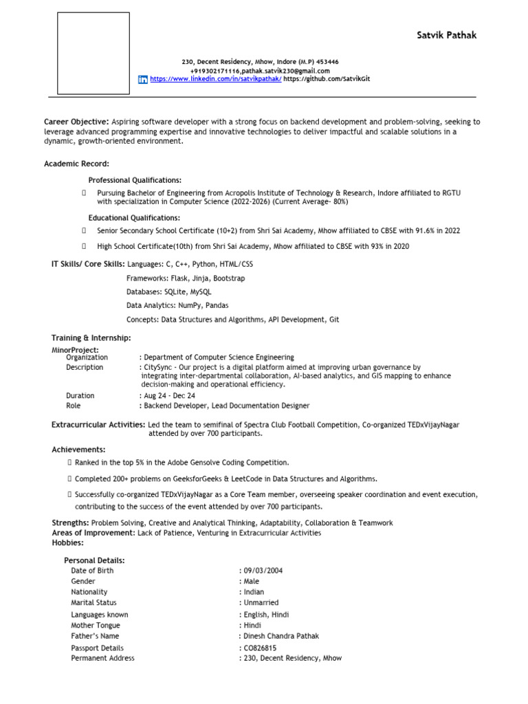 Satvik Pathak: Aspiring Software Developer | PDF | Information ...