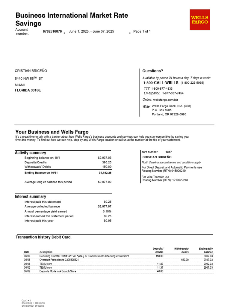 Wells Fargo Bank Statement TEMU | PDF | Banks | Wells Fargo