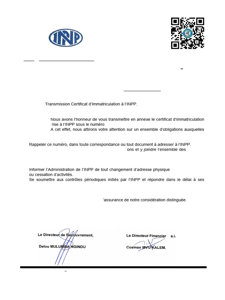 Certificat d'Immatriculation INPP RDC | PDF