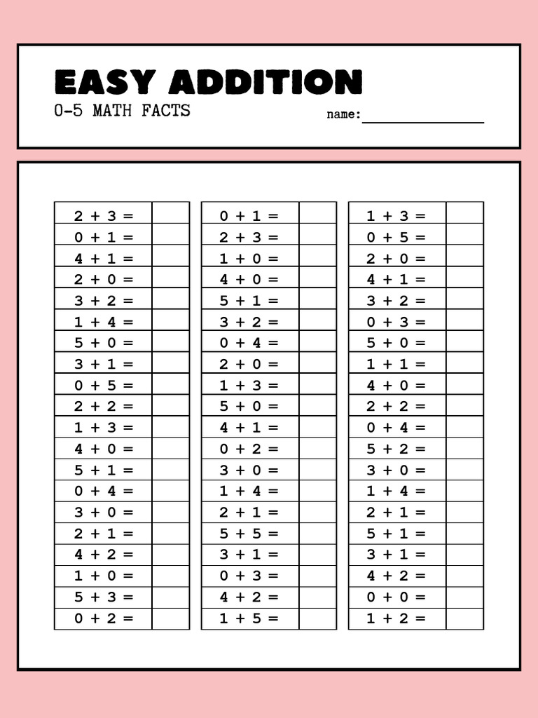 Addition 0-5 Math Worksheet in White Pink Red Simple Style | PDF