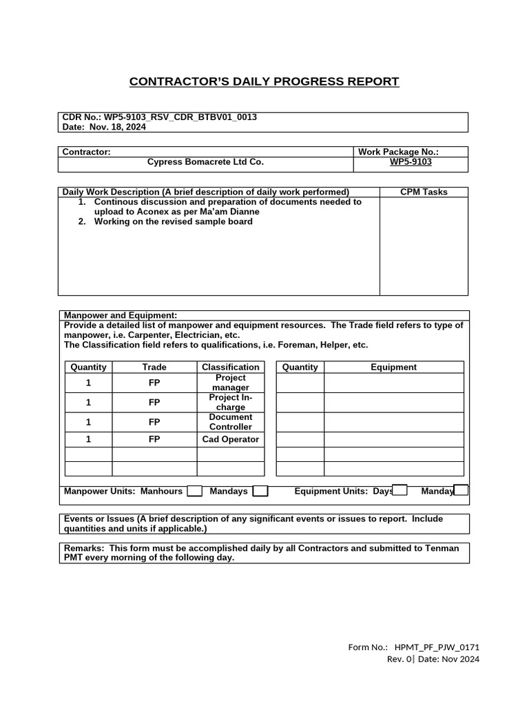 Daily Contractor Progress Report | PDF