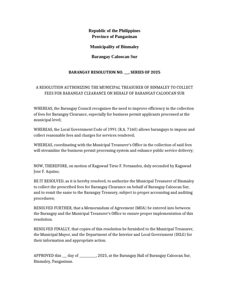 Barangay Resolution Municipal Treasurer Clearance | PDF