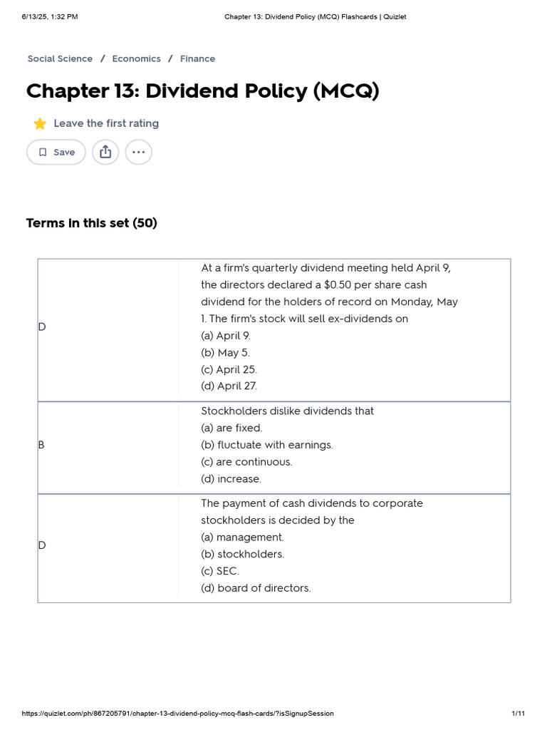 Dividend Policy Concepts and MCQs | PDF | Dividend | Share Repurchase