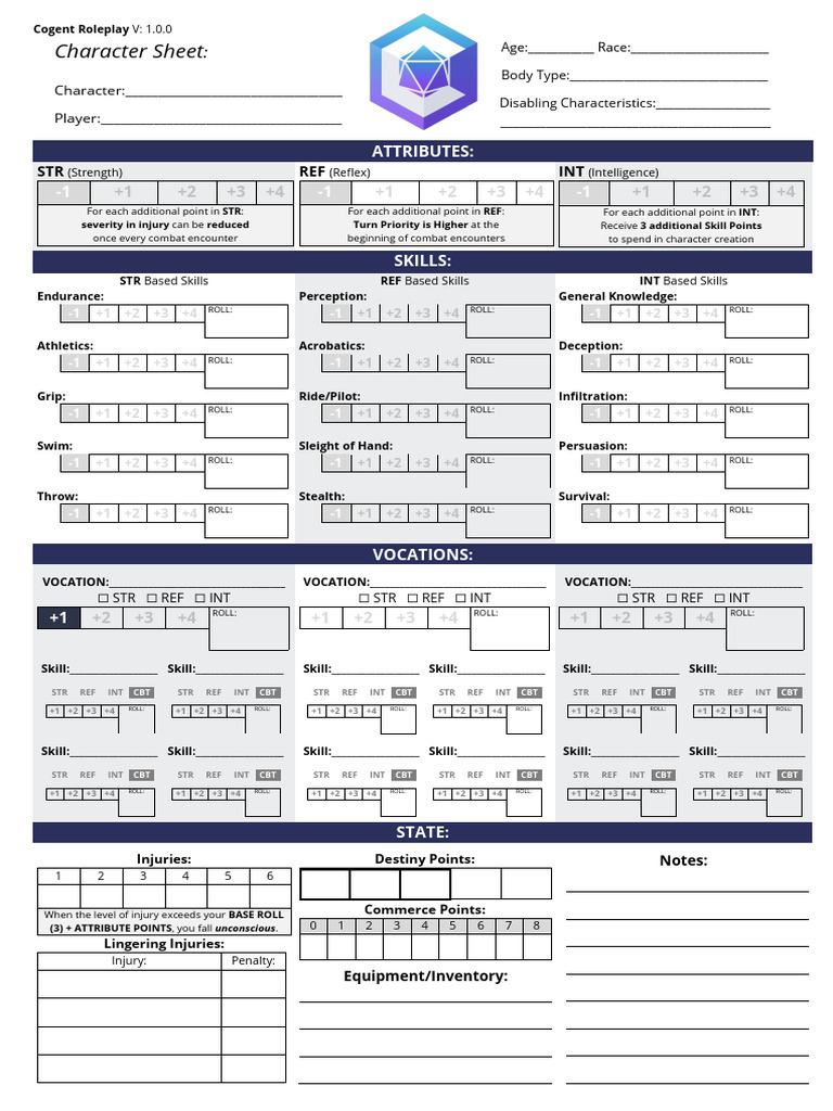 Cogent Roleplay Character Sheet 1.0.0 | PDF | Entertainment | Storytelling