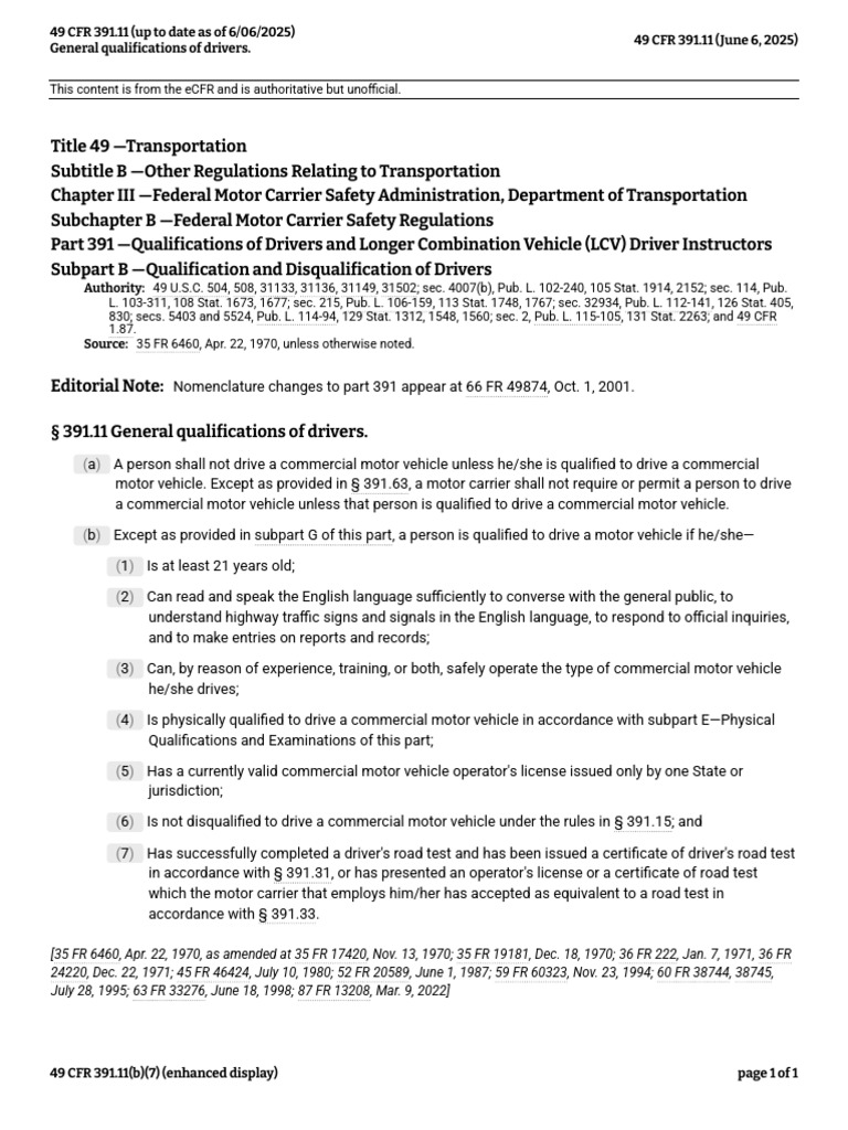 Driver Qualifications Under 49 CFR 391.11 | PDF | Land Transport | Vehicles