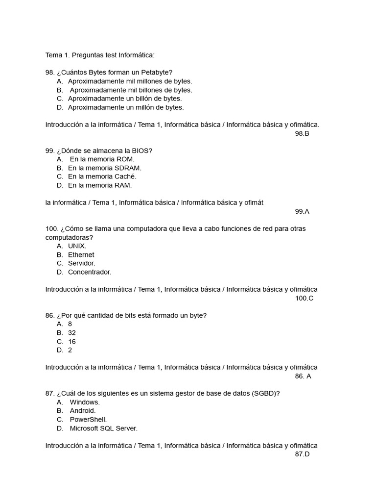 Tema 1 TEST INFORMÁTICA Jcttxlugiyclugñuhpu | PDF | Hardware de la ...