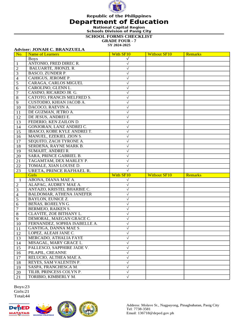 School Forms Checklist Long IV 7 | PDF