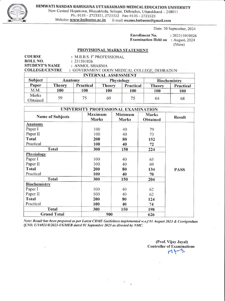 M.B.B.S. Provisional Marks Statement | PDF | Biology