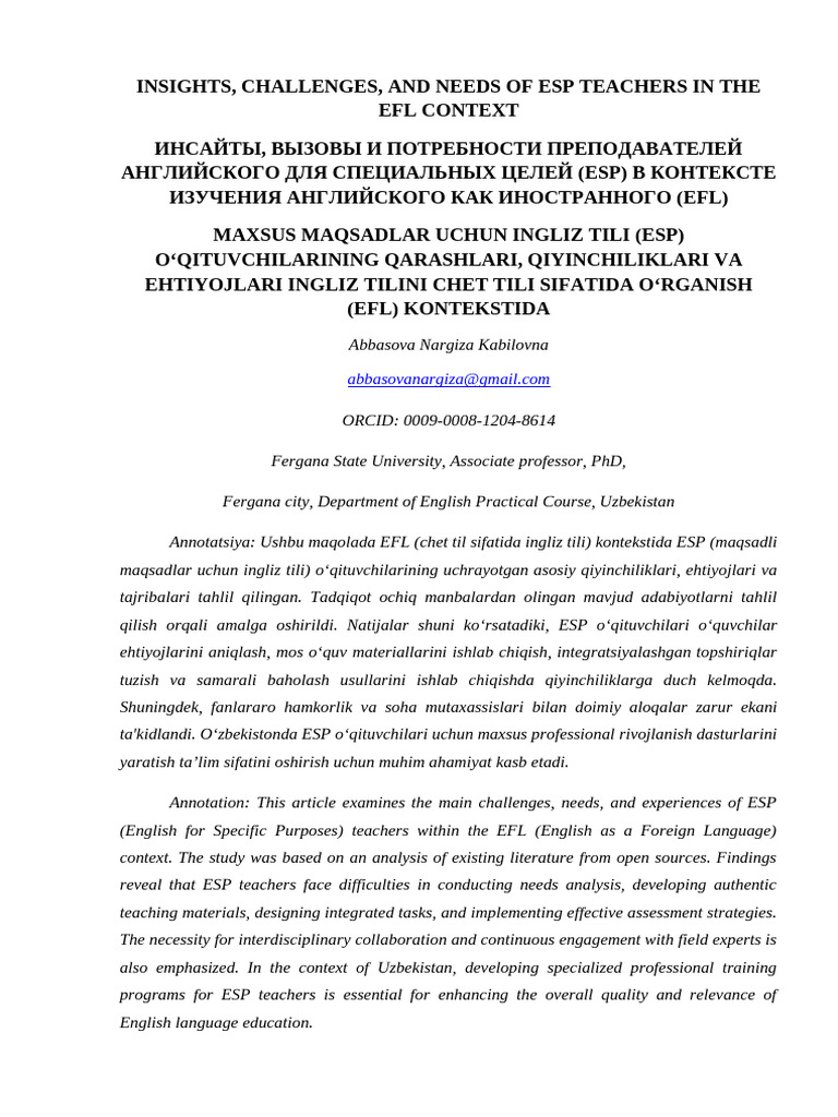ESP Teachers' Challenges in EFL Context | PDF | Curriculum | English As ...