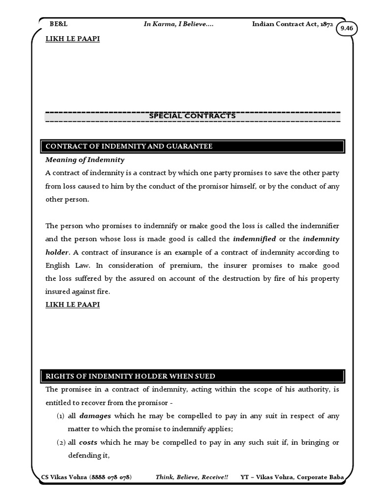 Scope of Indian Contract Act: Indemnity & Guarantee | PDF | Guarantee ...