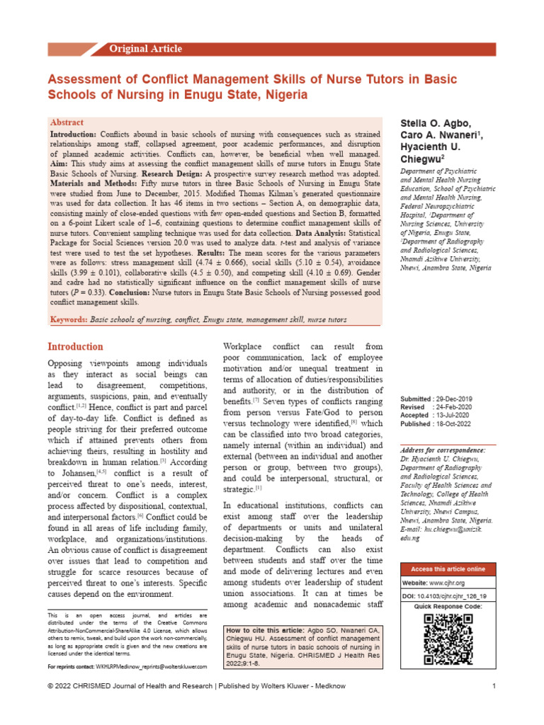 Assessment of Conflict Management Skills of Nurse.1 | PDF | Conflict ...