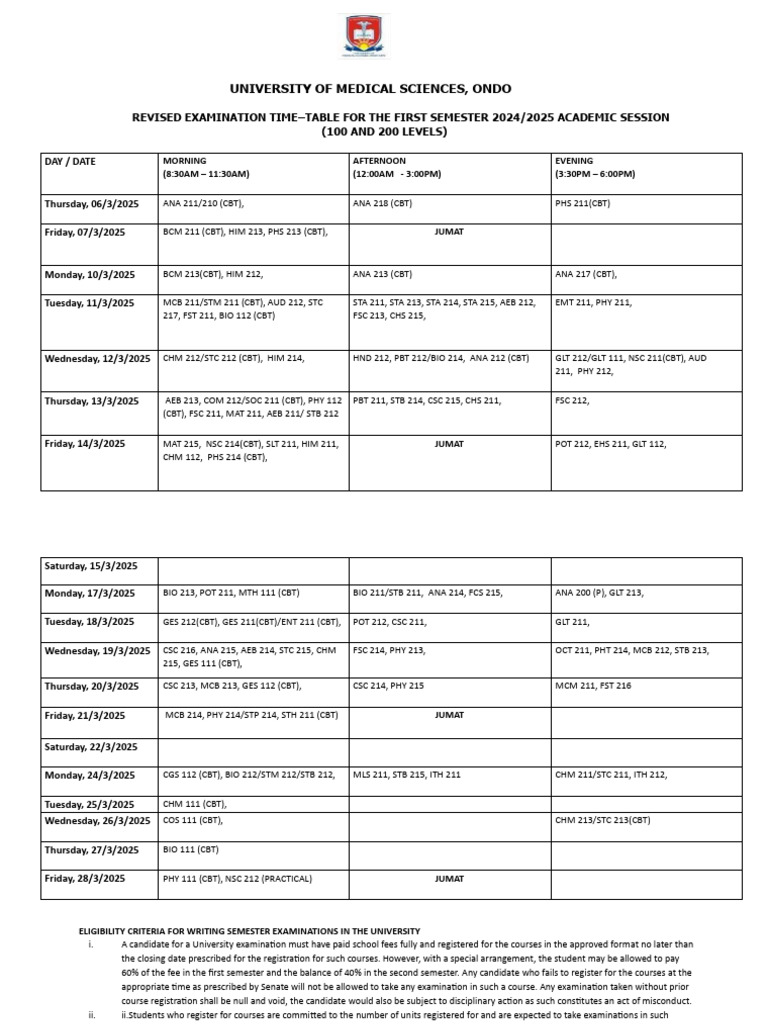 UMS Ondo 2024/2025 Exam Timetable | PDF