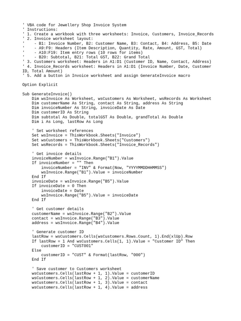 Jewellery Shop Invoice VBA | PDF | Invoice | Computer Programming