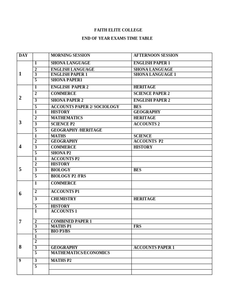 Faith Elite College Exam Timetable 2023 | PDF