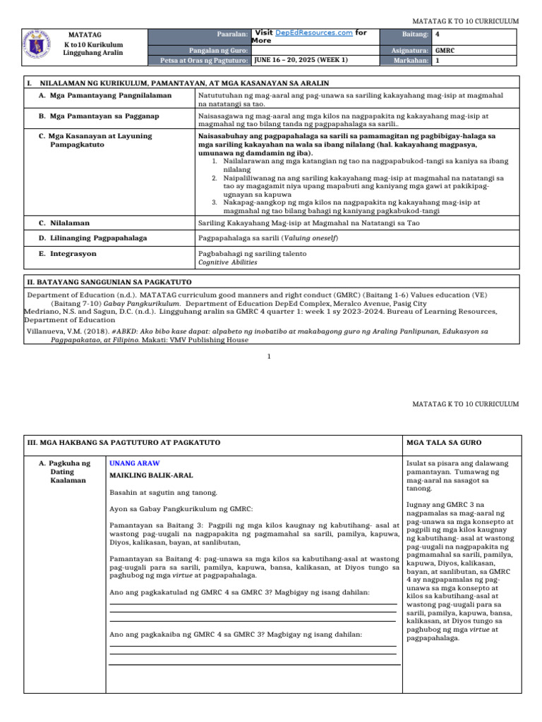 DLL Matatag - GMRC 4 q1 w1 | PDF