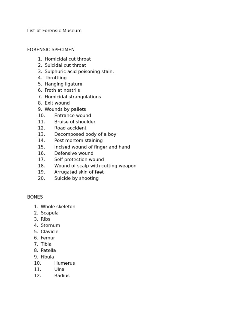 Forensic Museum Specimens List | PDF
