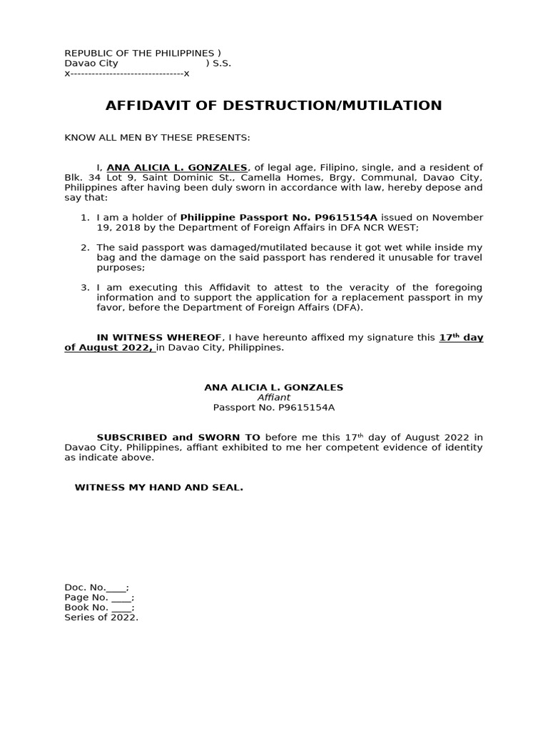 Affidavit of Mutilation for Passport | PDF