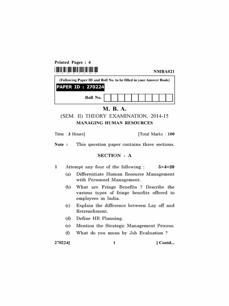Mba 2 Sem Managing Human Resources Nmba021 2015 | PDF