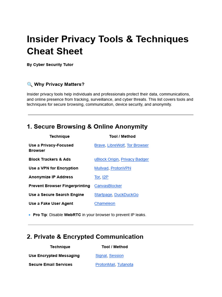 Insider Privacy Tools Cheat Sheet | PDF | Security | Computer Security