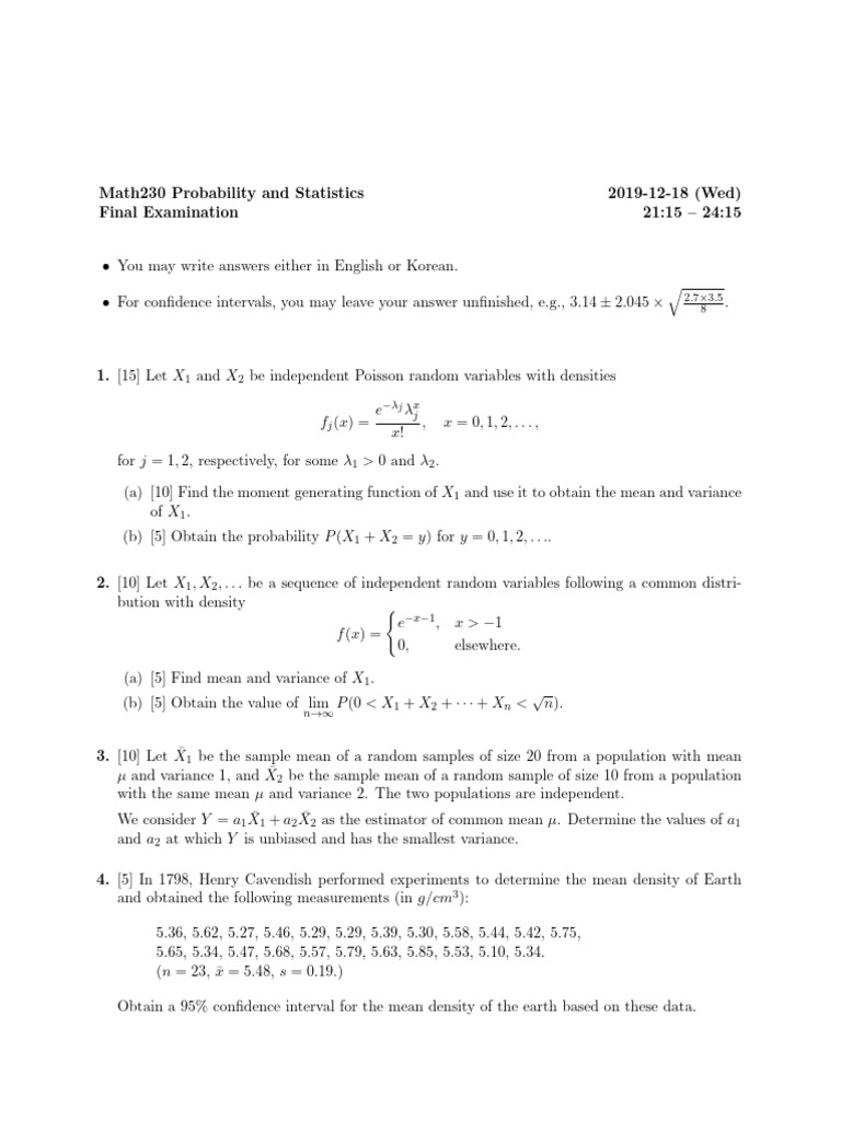 Math230 Probability & Statistics Exam Guide | PDF | Probability Density ...