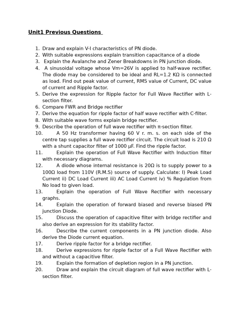 Unit 1 Previous Questions | PDF | Rectifier | Diode