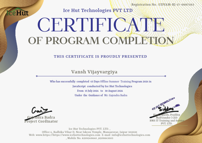 JavaScript Training Completion Certificate | PDF