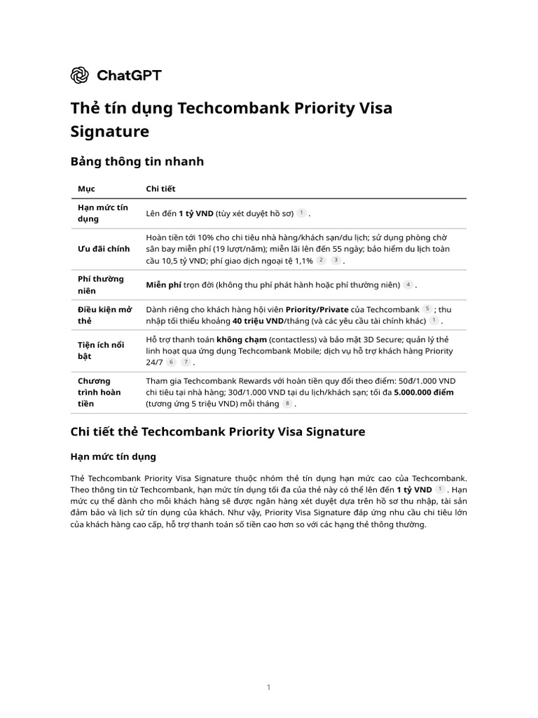 Thẻ tín dụng Techcombank Priority Visa Signature | PDF