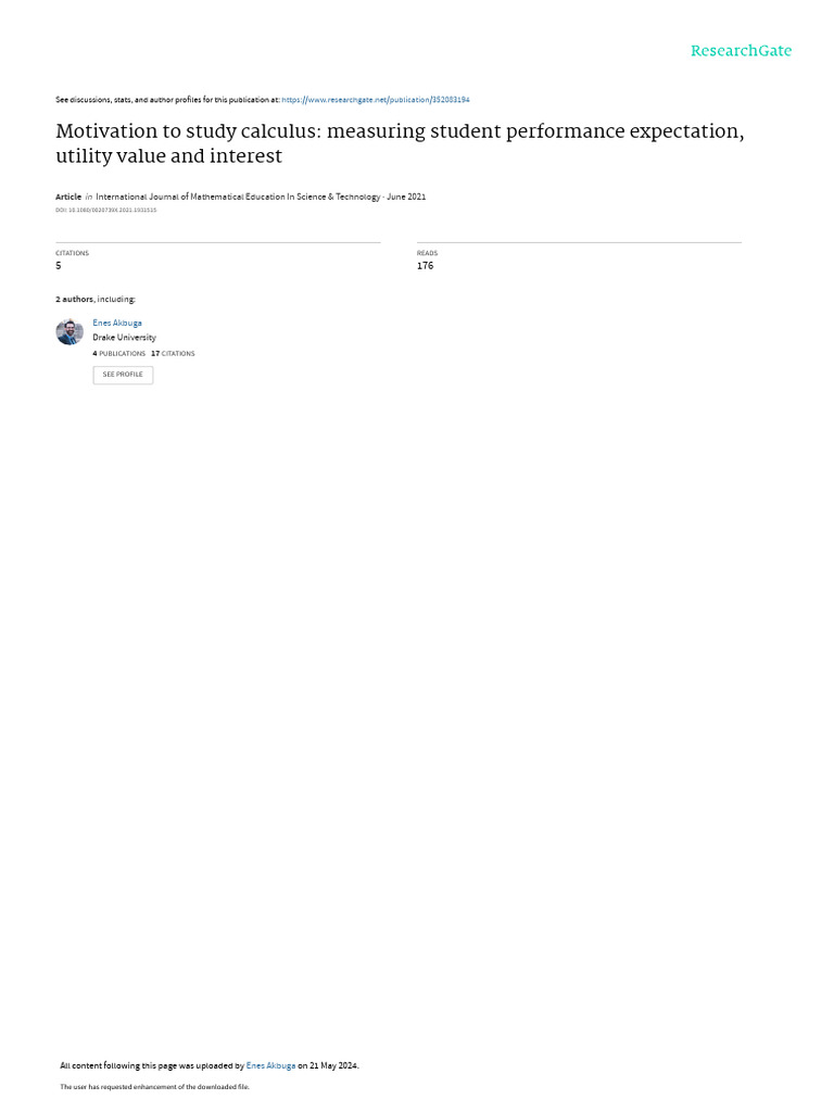 Motivation To Study Calculus: Measuring Student Performance Expectation ...