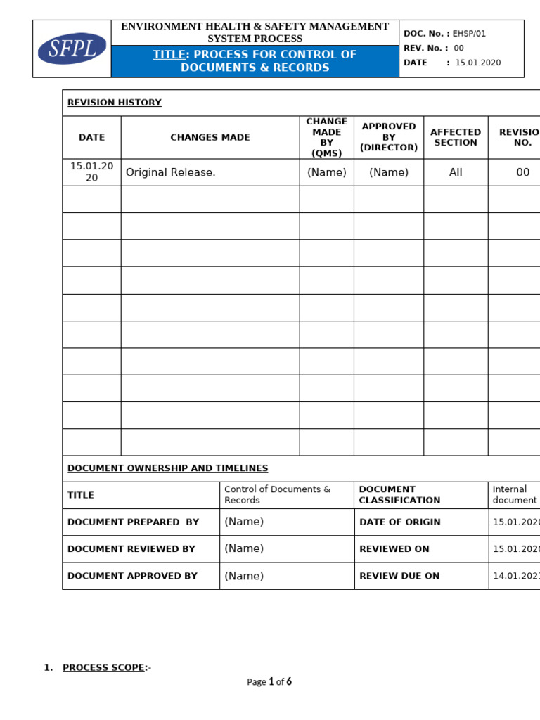 (EHSP-01) Process For Control of Documents & Record | PDF | Quality ...