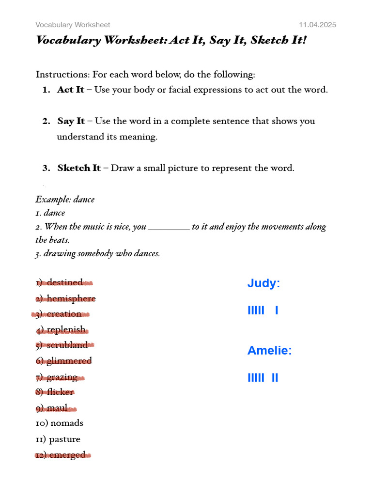 Vocabulary Worksheet: Act It, Say It, Sketch It! | PDF