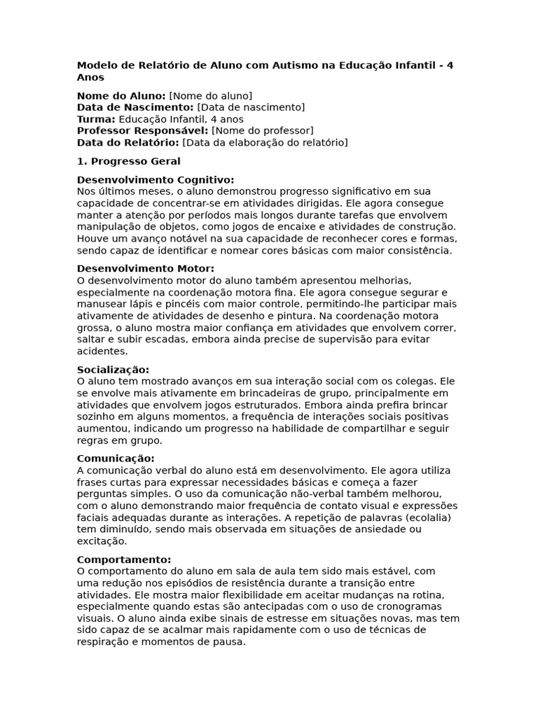 Modelo de Relatório de Aluno Com Autismo Na Educação Infantil 3 | PDF ...