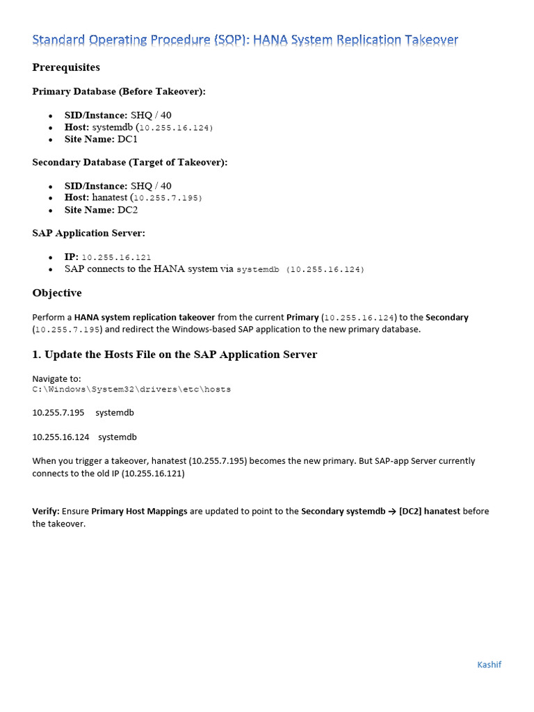 HANA System Replication Takeover SOP | PDF | Computing | Operating ...