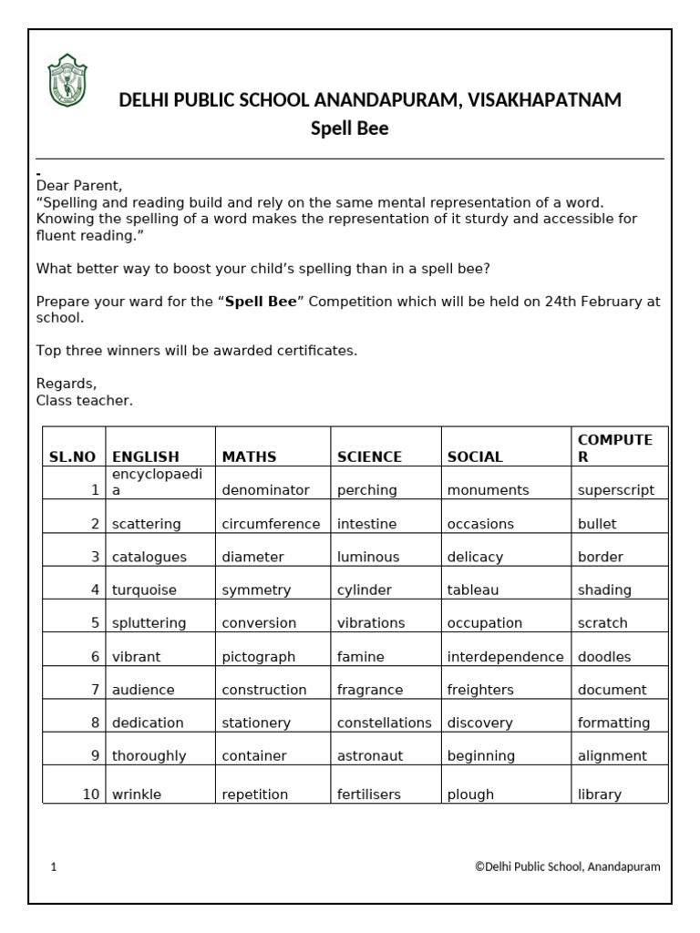 Delhi Public School Anandapuram, Visakhapatnam Spell Bee | PDF