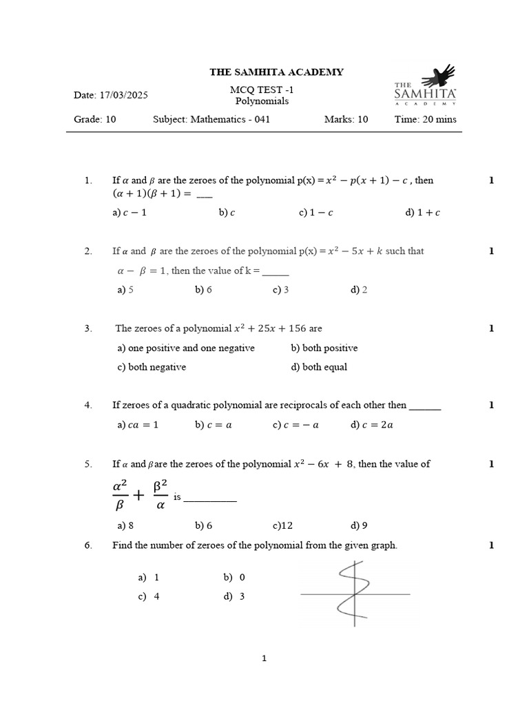 GR 10 Polynomials Class Test - 1 | PDF | Zero Of A Function | Polynomial