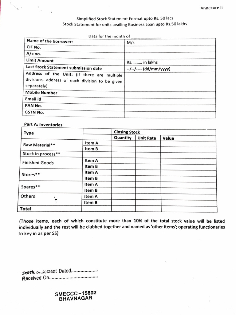 SBI Simplified Stock Statement Format | PDF | Debt | Valuation (Finance)