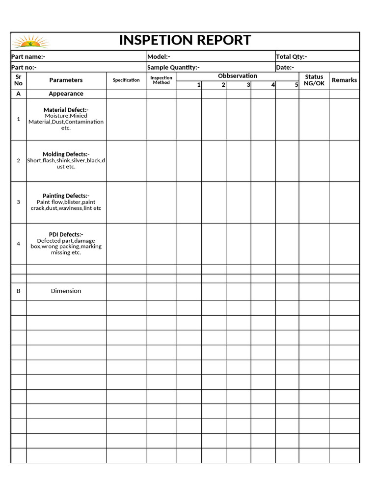 Inspection Report for Parts Quality Evaluation | PDF