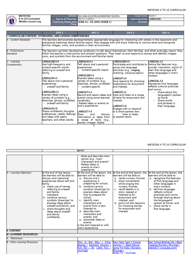 Grade 1 Week 1 Language Lessons | PDF | Curriculum | Vocabulary