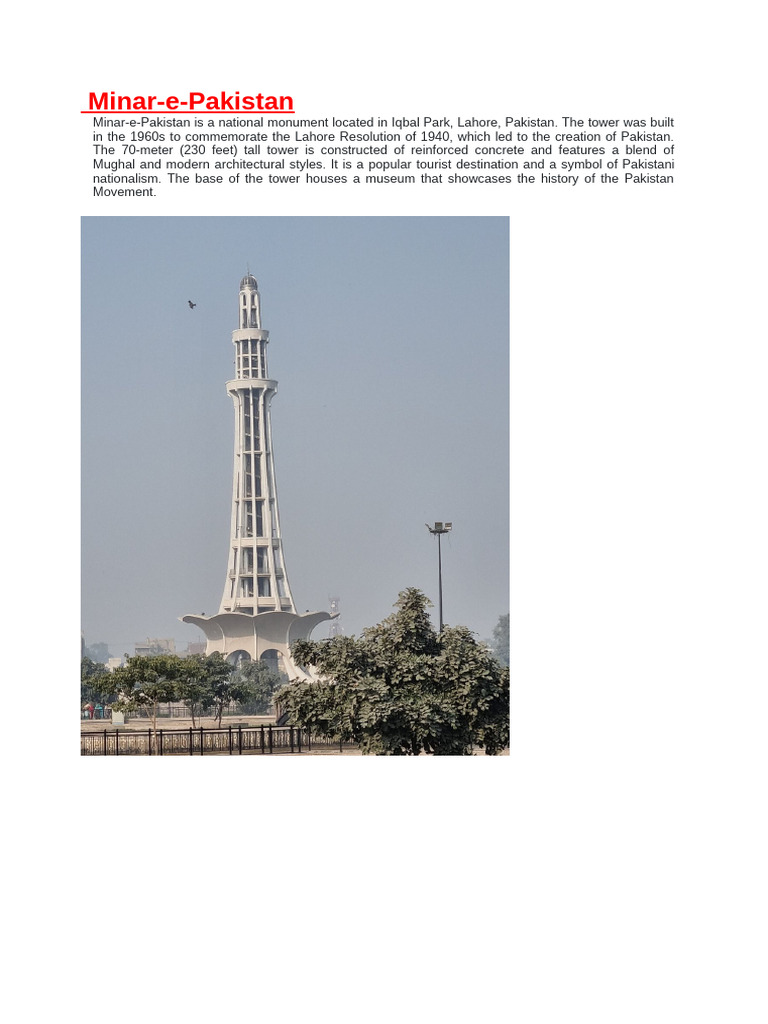 Minar-e-Pakistan: History and Facts | PDF