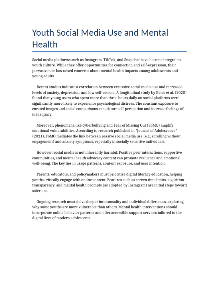 Youth Social Media Use & Mental Health Impact | PDF