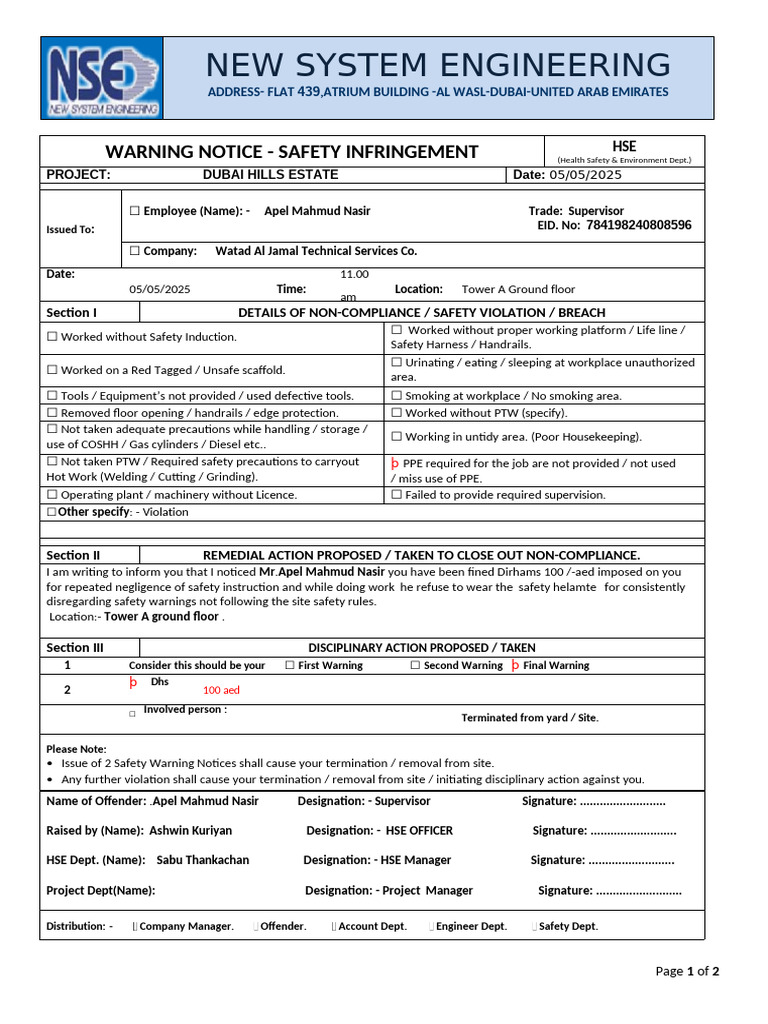 Final Warning for Safety Violations | PDF